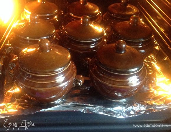 Готовьте горшочки в предварительно нагретой до 180 градусов духовки в течении 2 часов.