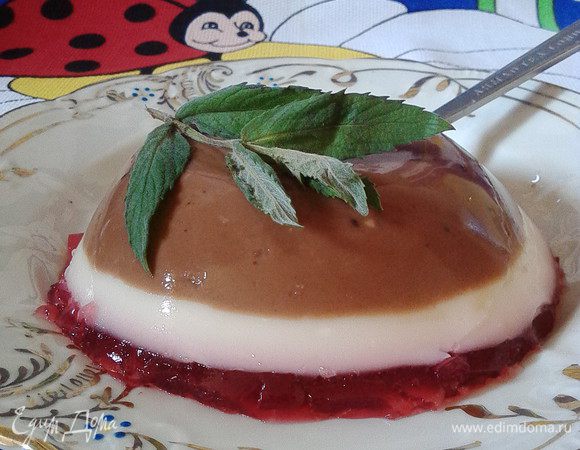 Это десерт-желе можно готовить в одной большой форме, а затем, обернув  ее мокрым горячим полотенцем, накрыть большим блюдом и перевернуть. Получится торт, только слои нужно при этом готовить в обратном порядке. Приятного аппетита! Наслаждайтесь!