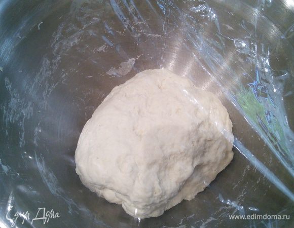 Дрожжи растворите в чуть тёплой воде. Смешайте просеянную муку с солью, сахаром, влейте воду с дрожжами и замесите тесто. Оно получается довольно плотное. Накройте плёнкой и поставьте в тёплую духовку на 1 час, через 20 и 40 мин тесто необходимо обмять. Отправьте тесто под плёнкой в холодильник на 48 часов. 