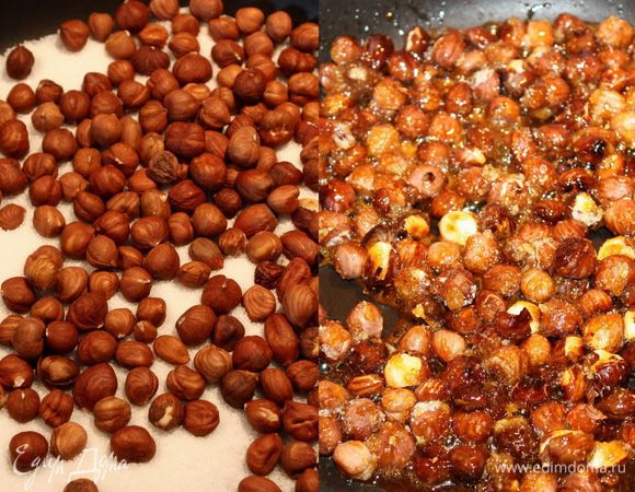 Начинаем с пралине. В сковороду всыпаем сахар, сверху кладем фундук и корицу. Ставим на средний огонь, периодически встряхиваем сковороду, для равномерного плавления сахара. Перед тем как снять с огня, перемешиваем ложкой, чтобы все орехи были покрыты карамелью.