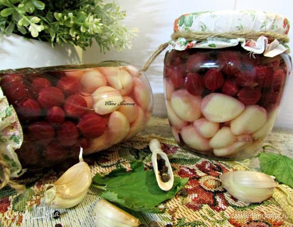 Аккуратно залить маринад в банки до самого горлышка. Закрыть банки под ключ. Накрыть чем-нибудь тёплым на пару часов. Хранить маринованный чеснок с крыжовником в холодном помещении - в подвале, в холодильнике.
Приятного аппетита!