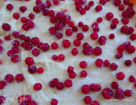 Сверху выложить смородину и чуть утопить. Выпекать при температуре 180С 40 минут, до сухой спички.