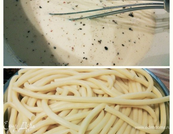 Сварите макароны, слейте воду и промойте макароны под струёй холодной воды. Сыр натрите на тёрке. Соедините молоко со сливками, яйцами, половиной тертого сыра, солью, перцем и щепоткой мускатного ореха. Немного взбейте венчиком. 