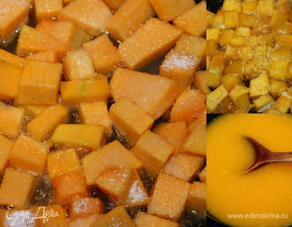 Тыквенная прослойка. Желатин замачиваем. Тыкву нарезаем на кусочки, добавляем воду, сахар и цедру. Ставим на средний огонь и кипятим 6-7 минут. За минуту до окончания, добавляем лимонный сок. Снимаем с огня и вводим распущенный желатин. Перемешиваем. Оставляем остывать при комнатной температуре.