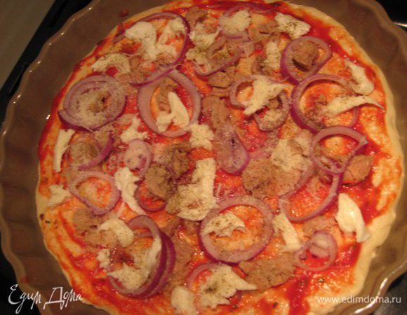 Выложить кусочки тунца, моцареллу, колечки лука. Посыпать слегка тертым пармезаном и черным молотым перцем.