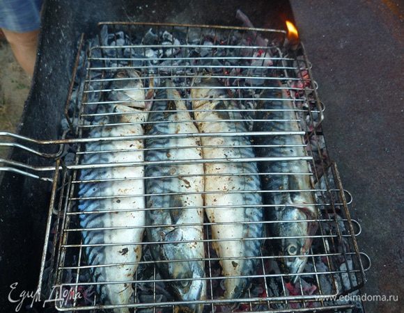 Промаринованную скумбрию укладываем на решетку. 