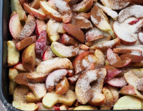 Плотно уложить нарезанные яблоки на противень, посыпать их корицей, лимонной кислотой и сахаром (около 50 г оставить на окончательную посыпку), хорошенько перемешать. Поставить в разогретую до 180-200 градусов духовку, на 25 минут.