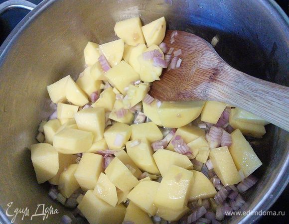 Шалот и картофель очистить, нарезать кубиком. Имбирь тоже порубить, но помельче. Всё обжарить прямо в кастрюле на разогретом масле до лёгкого "румянца". 