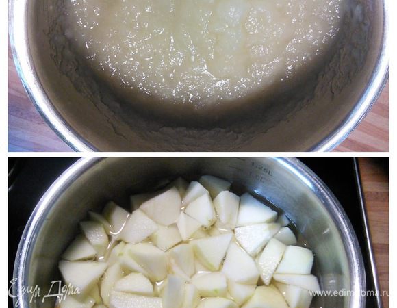Для опары просеять муку. Яблочное пюре я готовлю сама: мелко порезать очищенные яблоки, сложить в кастрюлю, залить водой, чтобы яблочки были ей только покрыты и варить до готовности яблок. Затем размять толкушкой для пюре. Яблочное пюре для рецепта должно быть не сладким. 