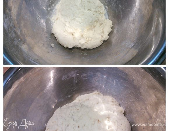 Развести дрожжи в тёплом яблочном пюре, соединить с мукой, замесить ложкой тесто, накрыть плёнкой и оставить  на 1 час для расстойки при комнатной температуре.  Тесто должно увеличится в размере вдвое. 