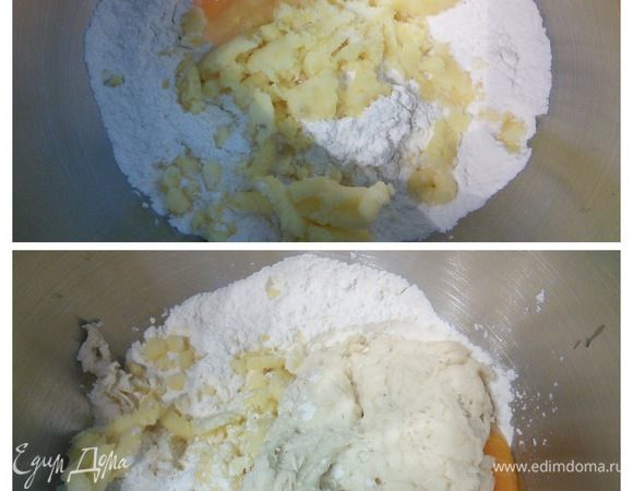 В чаше комбайна соединить опару с остальными ингредиентами основного теста, кроме масла и сахара. Вымешивать на маленькой скорости первые 5 мин, затем увеличить скорость до второй ступени и вымешивать ещё 10 мин. После чего добавить масло комнатной температуры (но не слишком растаявшее): замес на той же скорости 5 мин. В конце постепенно добавить сахар - последний раз вымешать мягкое, легко липнущее к  рукам тесто 2 мин и, накрыв миску плёнкой, поставить в тёплое на 2 часа на расстойку. После первого часа тесто следует обмять. 