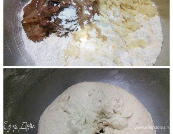 В день выпечки хлеба смешать в чаше комбайна опару с остальными ингредиентами, кроме орехов. Печеные яблоки берём вместе с образовавшимся соком, шкурку не снимаем. Вымешивать тесто на малых оборотах в течении 5 минут, затем увеличить скорость до второй ступени и вымешивать в течении 20 минут до мягкого, гладкого, эластичного, полностью отходящего от стенок чаши теста. Тесто благоухает печеными яблоками! Истинное наслаждение.  Затянуть чашу пленкой и поставить на час в теплое место на расстойку. 