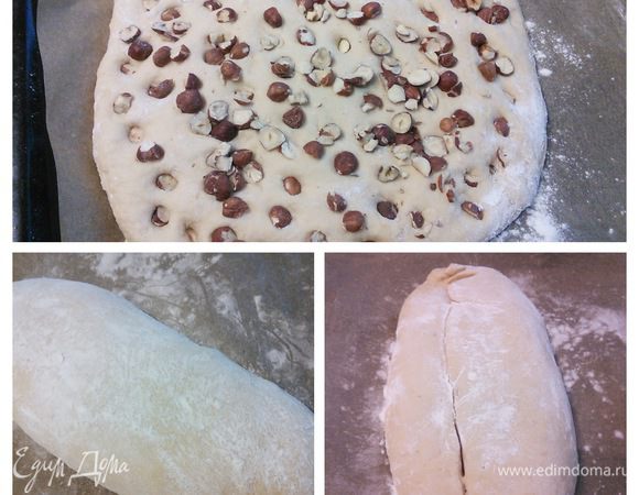 Тесто выложить на посыпанную мукой поверхность, аккуратно прижать ладошками. Орешки порубить пополам, распределить по тесту, немного вдавливая. Сформировать буханку, выложить в посыпанную мукой форму швом вниз. Если формы нет, то заготовку следует выложить на противень, покрытый пекарской бумагой и поставить ещё на 1 час под плёнкой в теплое место.