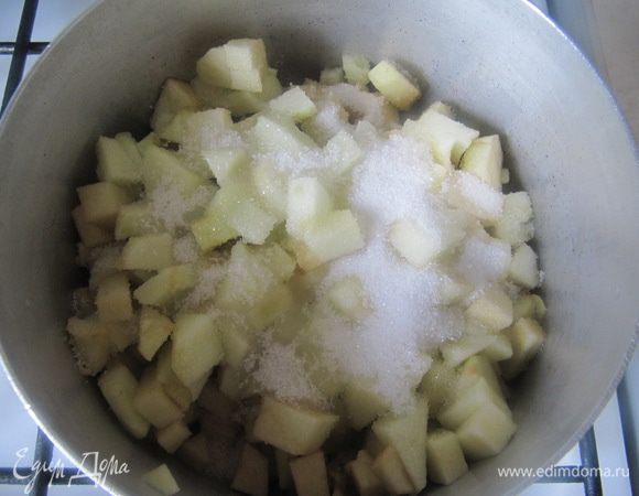 Приготовить яблочное компоте.
Яблоки очистить от кожицы, удалить сердцевинки и нарезать мелким кубиком. Сбрызнуть яблоки соком лимона, добавить сахар и томить под крышкой на медленном огне около 10 минут до полного размягчения яблок.