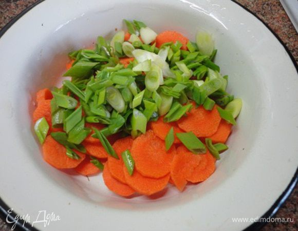 Морковь нарезать кружочками, а зеленый лук колечками.