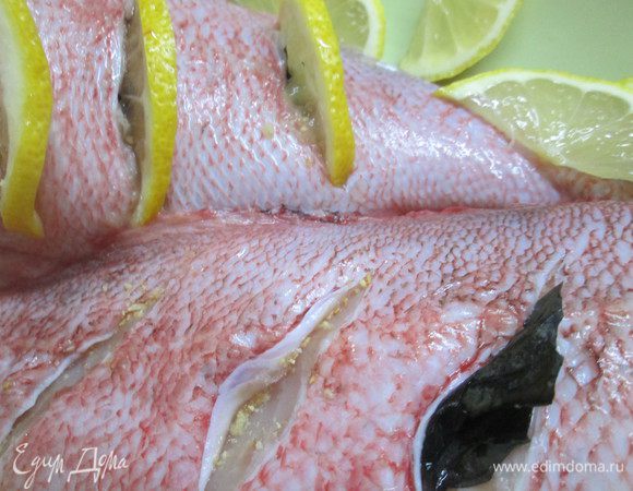 Теперь нарежем лимон ломтиками, лук измельчим, приготовим листики базилика. Из 1/2 апельсина выдавим сок.
В филе рыбы (у меня 4 штуки) сделаем поперечные надрезы и в каждый насыплем сухой чеснок и положим по веточке базилика и дольке лимона.
