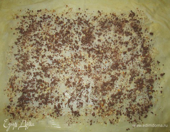 Смазываем растопленным сливочным маслом лист фило, посыпаем сначала ореховой крошкой, затем шоколадной. Далее проделываем это же с остальными листами, складывая их друг на друга.