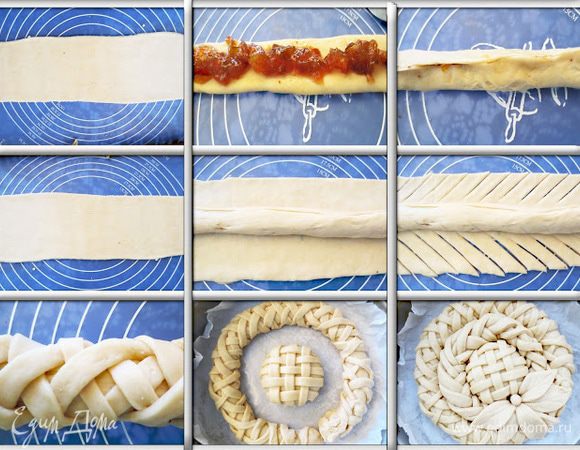 Далее формируем 2 рулета. Каждый рулет фаршируем начинкой из инжира, как и середину. Как сформировать рулеты можно посмотреть здесь http://www.edimdoma.ru/retsepty/70158-pirog-pletenka-s-nachinkoy-iz-yablok-i-izyuma
Выкладываем сначала один рулет, собирая его в кольцо, затем другой. Из остатков теста вырезаем листочки для украшения