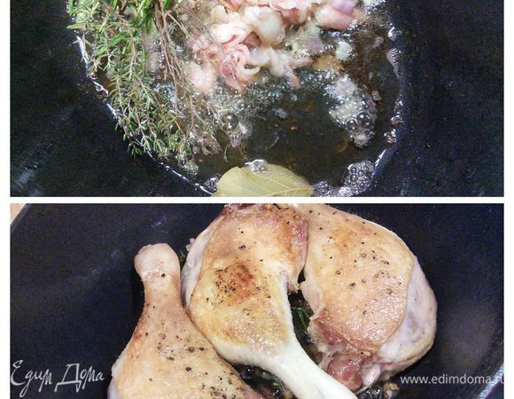 Ножки выложить на тарелку, а в масло, в котором жарилось мясо добавить мелко порубленный лук и нарезанный бекон, лавровый лист, розмарин, тимьян. Обжарить до золотистого цвета, выложить ножки, влить 50 мл портвейна, накрыть крышкой и тушить на очень  умеренном огне около часа до готовности мяса. Время зависит от мяса. 