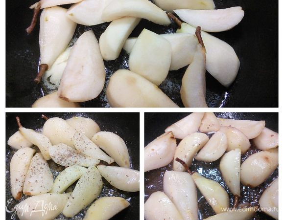 Крепкие груши очистить от кожуры и удалить сердцевину. Груши разрезать на четвертинки. На сковороде разогреть ложку топлёного масла и обжарить груши до лёгкого золотистого цвета. Всыпать сахар, дождаться пока он раствориться, влить портвейн, добавить кардамон, аккуратно перемешать и снять с огня. 
Если уж совсем не любите кардамон, замените на корицу. 