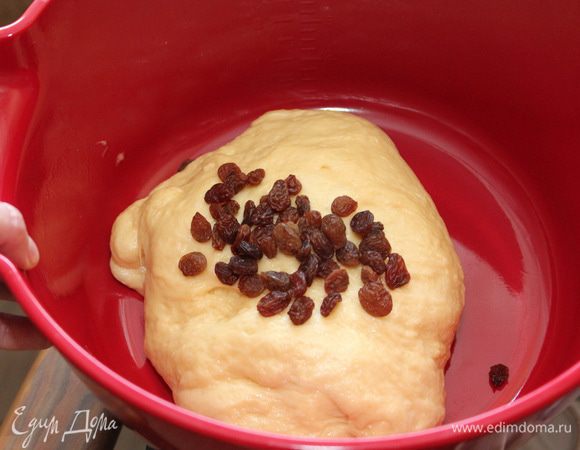 Когда тесто увеличится вдвое, обмять его, добавить изюм и разделить на 6 шариков. 