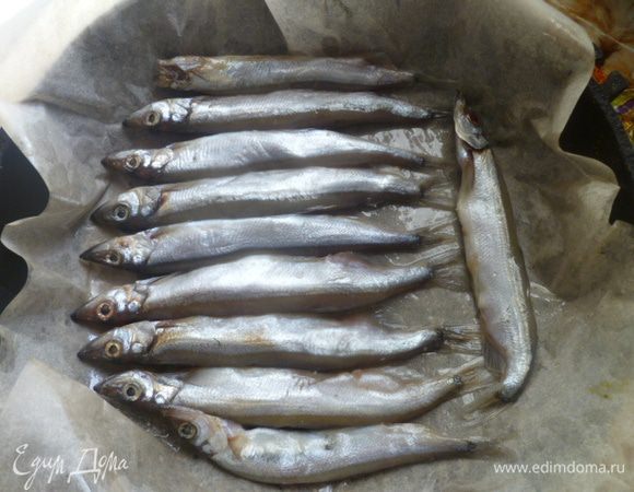 Все достаточно просто.
Размороженную мойву натираем слегка солью и смазываем с обоих сторон растительным маслом.
Выкладываем на противень с пергаментом смазанным растительным маслом.