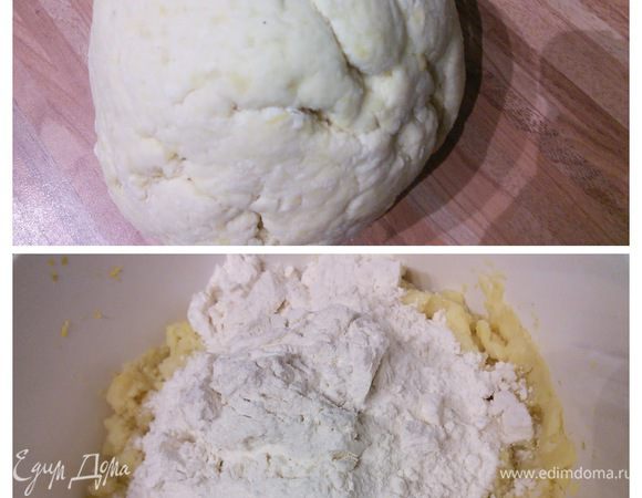 Картошку отварить, снять шкурку, размять. Смешать с мукой, замесить плотное тесто. Так же накрыть плёнкой и оставить на 12 часов при комнатной температуре на расстойку. 