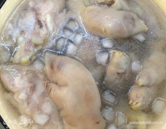 Пока ножки варятся, готовим рассол. Смешиваем холодную воду с солью и перемешиваем до полного растворения соли. Это нужно для того, чтобы весь лишний жир с ножек всплыл на поверхность воды. Готовые ножки вынимаем из кастрюли и сразу перекладываем в рассол минут на 5-10. Затем ножки промываем под теплой водой.