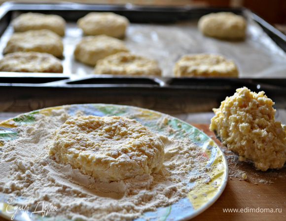 Из получившейся массы формируем лепёшки, обваливаем их в муке, излишки муки стряхиваем. Противень застилаем пекарской бумагой, смазываем сливочным маслом и выкладываем лепёшки. Получилось 15 шт, достаточно много, как раз с учётом, что ваши домочадцы попросят добавки!