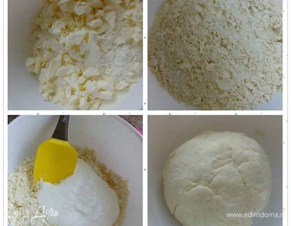 Масло достаем с холодильника. Рубим мелко ножом или трем на терке.
Перетираем руками масло с мукой в крошку. Сметану мешаем с содой и добавляем в муку с маслом, замешиваем тесто. Если необходимо, добавьте еще муки, тесто должно быть мягким, эластичным, очень приятным на ощуп.
Кладем в холодильник на 2-3 часа, можно и на сутки. Или в морозильник на час. Удобно сделать тесто и начинку в один день, а "собрать" пахлаву в другой.