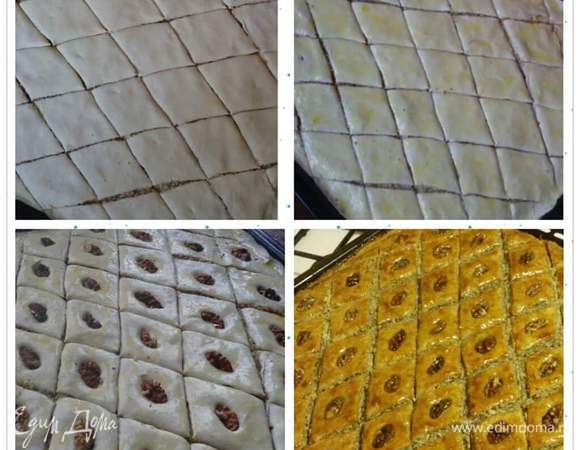 Духовку разогреваем до 180 градусов. 
Ножом для пиццы аккуратно делим на порции-ромбики, смазываем поверхность яйцом и серединку каждого ромбика придавливаем орешком. 
Всё, помещаем в духовку на минут 20-25 до золотистой корочки. 
Достаем пахлаву из духовки, поливаем обильно медом и возвращаем в духовку на 5 минут. Пожалуй всё :) Очень важно пока она горячая и мягкая, разделить пахлаву на порции и выложить на тарелку, ибо потом это сделать невозможно.
С нетерпением жду Ваших отзывов! 
