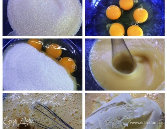 Творожный слой:
- взбить яйца с сахаром
- добавить ваниль, корицу и крахмал (я о нем забыла, к сожалению)
- в полученную смесь добавляем  сыр маскарпоне, взбиваем все хорошо 
- в конце сливки и также все тщательно взбиваем 