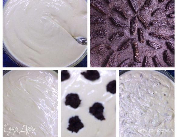 Достаем из холодильника форму. 
Отложенный чернослив нарезаем, у меня он был крупноват. 
Выкладываем нарезанный чернослив на основу, сверху выкладываем аккуратно творожный слой, разравниваем. 
На творожный слой выкладываем подготовленное пюре из чернослива (можно не все пюре использовать, а оставить часть для подачи чиза). При помощи тонкого ножа либо деревянной шпажки/шампура делаем несколько движений в виде восьмерки, пытаясь изобразить мраморный рисунок.