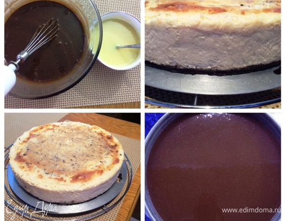 К сожалению в моей духовке верх чиза всегда покрывается коричневой корочкой, как ни слежу за ним, накрываю фольгой и т.д.
Поэтому всегда приходится наводить красоту излишнюю :). Если у вас с духовкой все в порядке, то след. манипуляции можно пропустить. Либо украсить на свой вкус и желание, либо подать чиз с оставшимся пюре из чернослива, добавив в него немного меда для сладости.

Я решила покрыть верх ганашом из смеси молочного и горького шоколада. А украсить уже ганашом из белого.

Для ганаша из белого шоколада доводим до кипения (но не кипятим) 50 мл сливок и заливаем 100 гр поломанного шоколада. Даем постоять минуты 2, тщательно смешиваем до получения однородной массы и добавляем 10 гр сливочного масла, опять все смешиваем. Остужаем, накрываем пленкой и отправляем в холодильник на ночь.

Для ганаша из смеси молочного и горького шоколада повторяем те же  действия, только сливок у нас 300 мл и шоколада 100 гр молочного и 200 гр горького. Остужаем и заливаем верх чиза, я использовала не весь ганаш, третья часть у меня осталась. Отправляем чизкейк в холодильник до застывания ганаша.