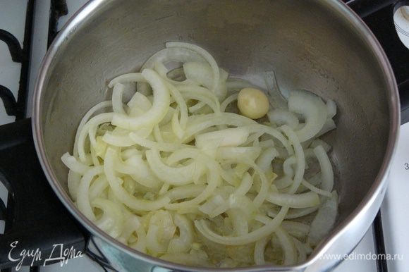В кастрюле, где будет вариться суп, растопить сливочное масло. Обжарить на масле до прозрачности лук вместе с чесноком.