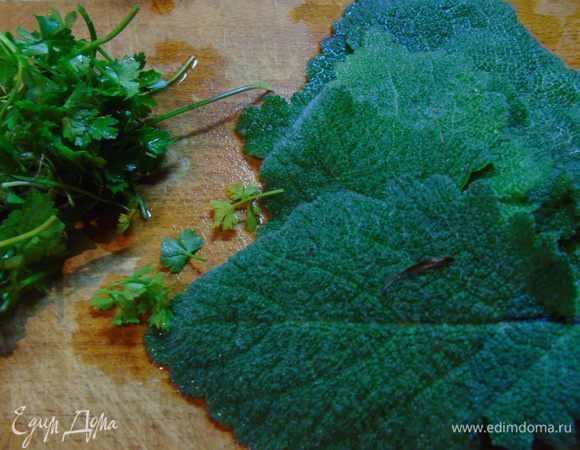 Пока тыква вариться, приготовим соус песто. Листики шалфея (большие) и петрушку вымойте и обсушите.