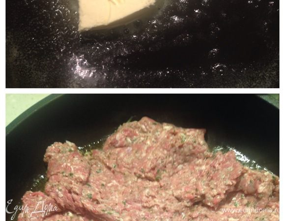 Разогреваем масло и обжариваем на нем фарш (фарш свинина-говядина, зелень, лук,соль), добавляя бульон. 