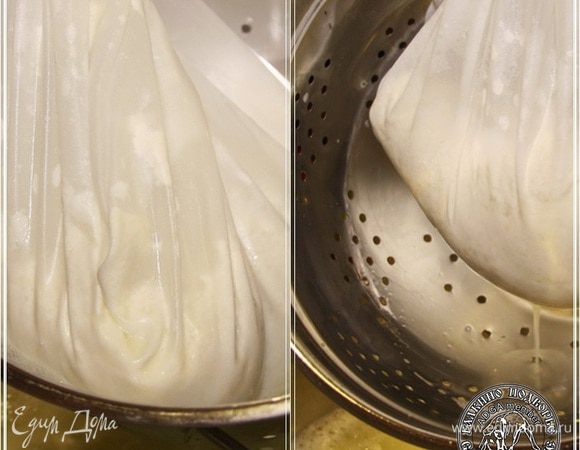 Мешочек закрываем, ждем пока «много» сыворотки стечет…