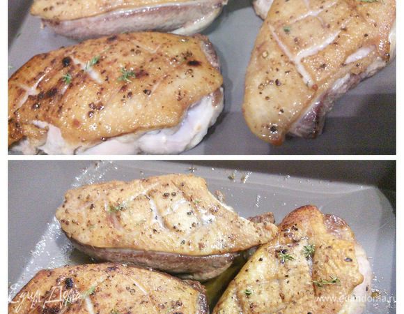 Переложите грудки в форму для запекания и поместите в разогретую до 150°С духовку на 15 минут. Затем выньте их из духовки и укутайте в фольгу минут на 10.