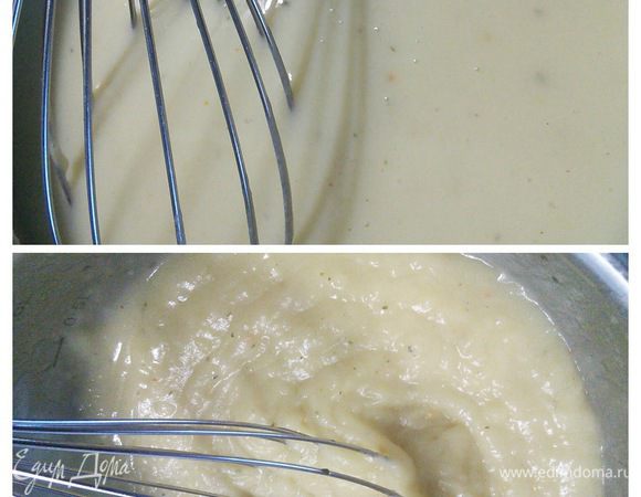 Добавляем разогретый бульон и молоко, не переставая интенсивно вымешивать. Когда соус заварится, посолим, поперчим и добавим щепотку мускатного ореха. Поварим его в течении нескольких минут, снимем с огня и накроем ковшик крышкой. 

* Бульон можно взять куриный или овощной. У меня не всегда есть домашний бульон, иногда приходится воспользоваться бульонными кубиками. 