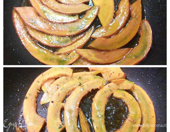 Тыкву помоем, нарежем на тонкие пластинки. Разогреваем масло в сковороде и пропускаем тыкву в течении 3 минут. Посолим, поперчим, притрусим тимьяном. Несколько штук оставим на декор. 