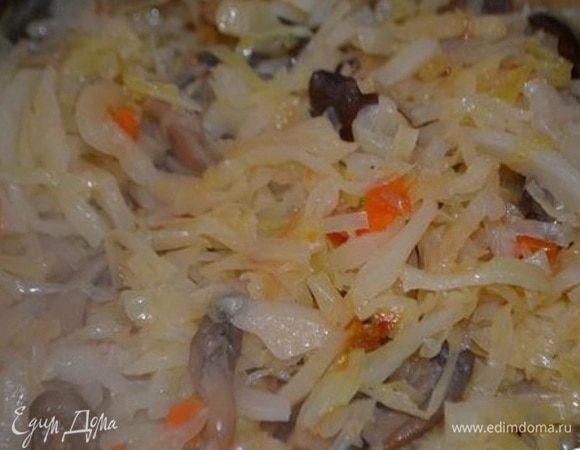 К грибам добавить нашинкованную капусту, посолить и тушить под крышкой до готовности капусты. Время от времени мешать. Еще к горячей капусте добавить пару ложек сливочного масла и нашинкованный зеленый лук. Перемешать и остудить.