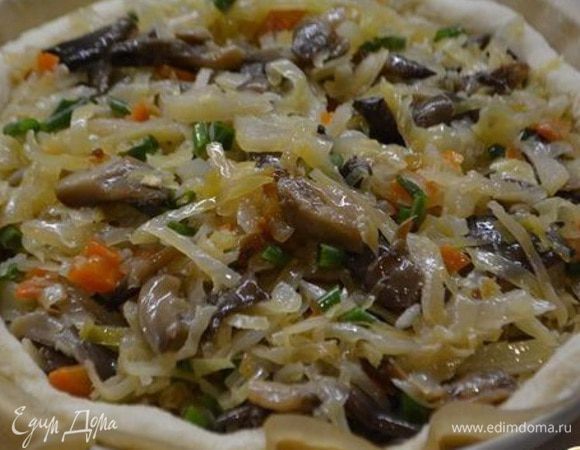 Тесто разделить на две неравные части. Большую часть раскатать и уложить в форму, сделать бортики. Выложить начинку,разровнять.