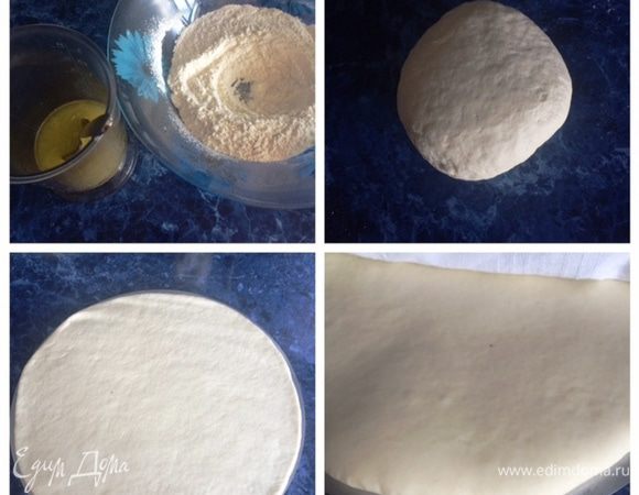 В миску просеиваем муку, делаем посередине углубление, куда нальем подготовленную смесь, состоящую из теплой воды, в которой разведем дрожжи, добавив сахар и соль.
Замешиваем тесто, может понадобится дополнительно еще 2-3 ложки муки. Тесто должно получится эластичным, не липнущим к рукам.
Скалкой формируем диск, размером с форму в которой будем запекать пиццу.
Тесто накрываем чистым полотенцем и оставляем минут на 15-20 отдыхать. Если хотим более пышный корж, то минут на 30. 
