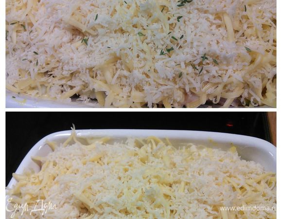 Разогреваем духовку до 200°С, посыпаем лазанью натёртым сыром (у меня гауда и пармезан) и запекаем в течении 35 минут до золотистой корочки. 