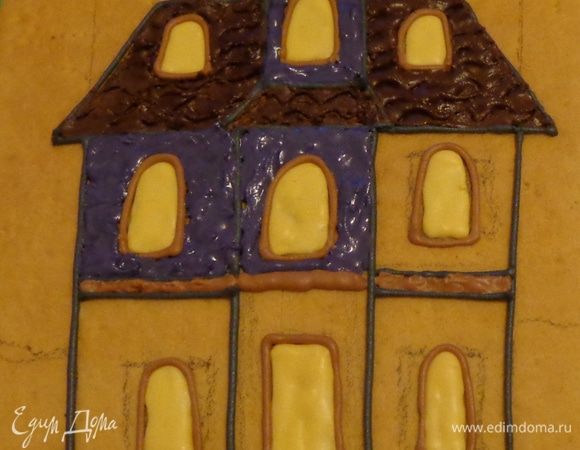 Из песочного теста по вашему любимому рецепту сделать основу для домика. Используя айсинг и пищевые красители, нарисовать картинку.