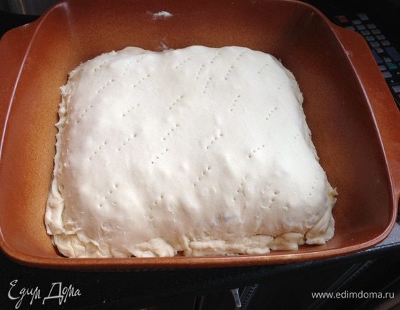 Накройте оставшимся тестом (предварительно раскатайте), прищепите края, срежьте лишнее тесто.