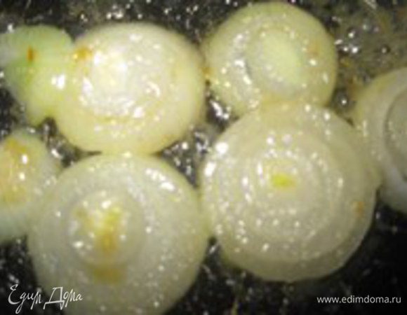 Очистить лук, помыть и нарезать дольками. Жарить на растительном масле по 1 минуте с каждой стороны.