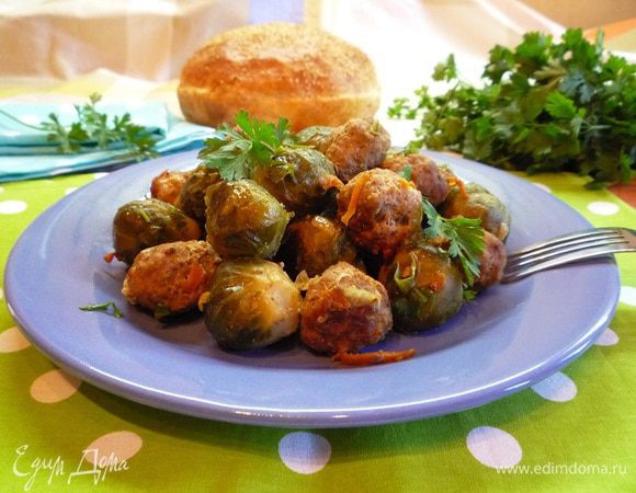 Подавайте брюссельскую капусту с фрикадельками с соевым соусом, сметаной и свежей зеленью! Приятного аппетита!