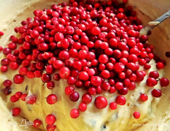 Бруснику промыть,обсушить и высыпать в самом конце.